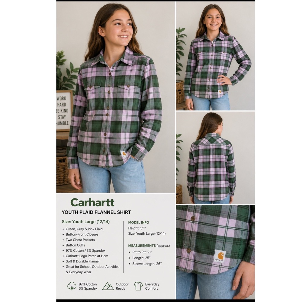 Carhartt Kid Green Lavender Plaid Flannel Button Down Shirt L 12/14 Cozy Comfort